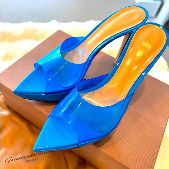 GIANVITO ROSSI Betty Glass Turquoise Platform Mules. - Picture 7 of 17